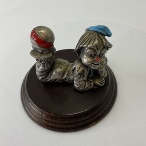 Vintage George Good Pewter Clown‎ Balancing Ball On Feet Figurine on Wood Base